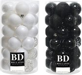 74x stuks kunststof kerstballen mix zwart en wit 6 cm - Onbreekbare kerstballen - Kerstversiering