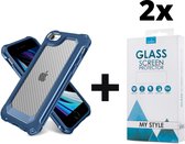 Backcover Shockproof Carbon Hoesje iPhone SE (2020) Blauw - 2x Gratis Screen Protector - Telefoonhoesje - Smartphonehoesje