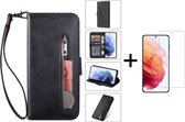Luxe Telefoonhoesje voor Samsung Galaxy S22 Ultra | Hoogwaardig Leren Bookcase | Lederen Wallet Case | Pasjeshouder | Zwart + 1x Screenprotector