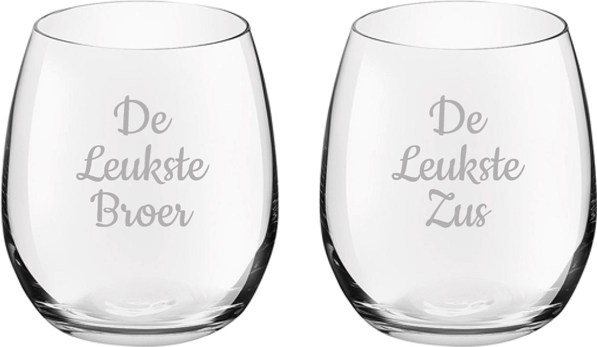 Gegraveerde Drinkglas 39cl De Leukste Broer-De Leukste Zus
