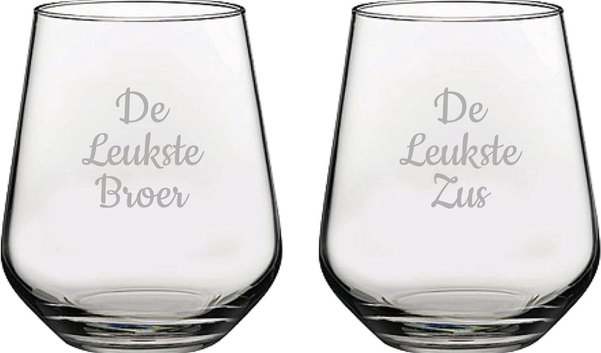 Gegraveerde Drinkglas 42,5cl De Leukste Broer-De Leukste Zus