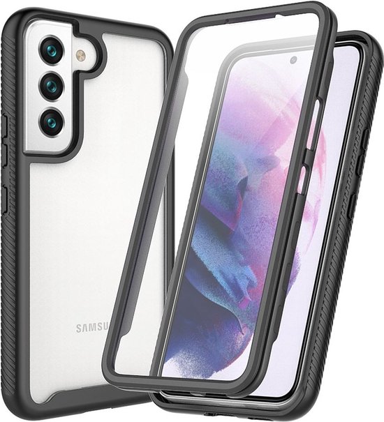 Hoesje Geschikt voor Samsung Galaxy S22 | Met ingebouwde screenprotector | Full Protect valbescherming | Doorzichtig / Zwart