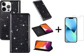 Apple iPhone 13 Glitter Bookcase | Hoogwaardig PU Leren Telefoonhoesje | Pasjeshouder | Zwart + 1x Screenprotector