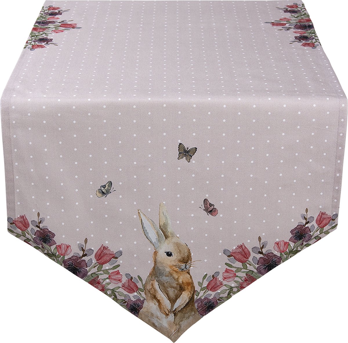 Clayre & Eef Tafelloper 50x160 cm Beige Roze Katoen Konijn Bloemen