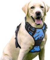 Hondentuigje - voor middelgrote honden - camo blauw - maat M - No pull - Anti trek - Reflecterend - Hoeft niet over het hoofd aangetrokken te worden