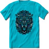 Wolf - Dieren Mandala T-Shirt | Donkerblauw | Grappig Verjaardag Zentangle Dierenkop Cadeau Shirt | Dames - Heren - Unisex | Wildlife Tshirt Kleding Kado | - Blauw - S