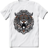 Tijger - Dieren Mandala T-Shirt | Oranje | Grappig Verjaardag Zentangle Dierenkop Cadeau Shirt | Dames - Heren - Unisex | Wildlife Tshirt Kleding Kado | - Wit - XL
