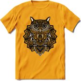 Uil - Dieren Mandala T-Shirt | Grijs | Grappig Verjaardag Zentangle Dierenkop Cadeau Shirt | Dames - Heren - Unisex | Wildlife Tshirt Kleding Kado | - Geel - XL