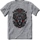 Wolf - Dieren Mandala T-Shirt | Rood | Grappig Verjaardag Zentangle Dierenkop Cadeau Shirt | Dames - Heren - Unisex | Wildlife Tshirt Kleding Kado | - Donker Grijs - Gemaleerd - M