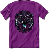 Beer - Dieren Mandala T-Shirt | Lichtblauw | Grappig Verjaardag Zentangle Dierenkop Cadeau Shirt | Dames - Heren - Unisex | Wildlife Tshirt Kleding Kado | - Paars - M