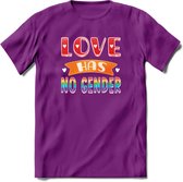 Love Has No Gnder | Pride T-Shirt | Grappig LHBTIQ+ / LGBTQ / Gay / Homo / Lesbi Cadeau Shirt | Dames - Heren - Unisex | Tshirt Kleding Kado | - Paars - S