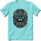 Leeuw - Dieren Mandala T-Shirt | Geel | Grappig Verjaardag Zentangle Dierenkop Cadeau Shirt | Dames - Heren - Unisex | Wildlife Tshirt Kleding Kado | - Licht Blauw - L