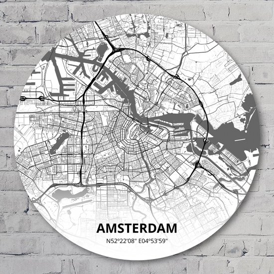 Muurcirkel ⌀ 60 cm - Muurcirkel Amsterdam – Printmijnstad wit/zwart - Aluminium Dibond - Wereldkaarten - Rond Schilderij - Wandcirkel - Wanddecoratie