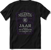 90 Jaar Legendarisch Gerijpt T-Shirt | Paars - Grijs | Grappig Verjaardag en Feest Cadeau Shirt | Dames - Heren - Unisex | Tshirt Kleding Kado | - Zwart - M