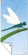 Tuinposter Een illustratie van een libelle op een grasspriet - 40x80 cm - Wanddecoratie Buiten - Tuinposter - Tuindoek - Schuttingposter - Tuinschilderij