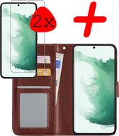 Samsung Galaxy S22 Plus Hoesje Bookcase Met 2x Screenprotector - Samsung Galaxy S22 Plus Case Hoes Cover - Samsung Galaxy S22 Plus 2x Screenprotector - Bruin