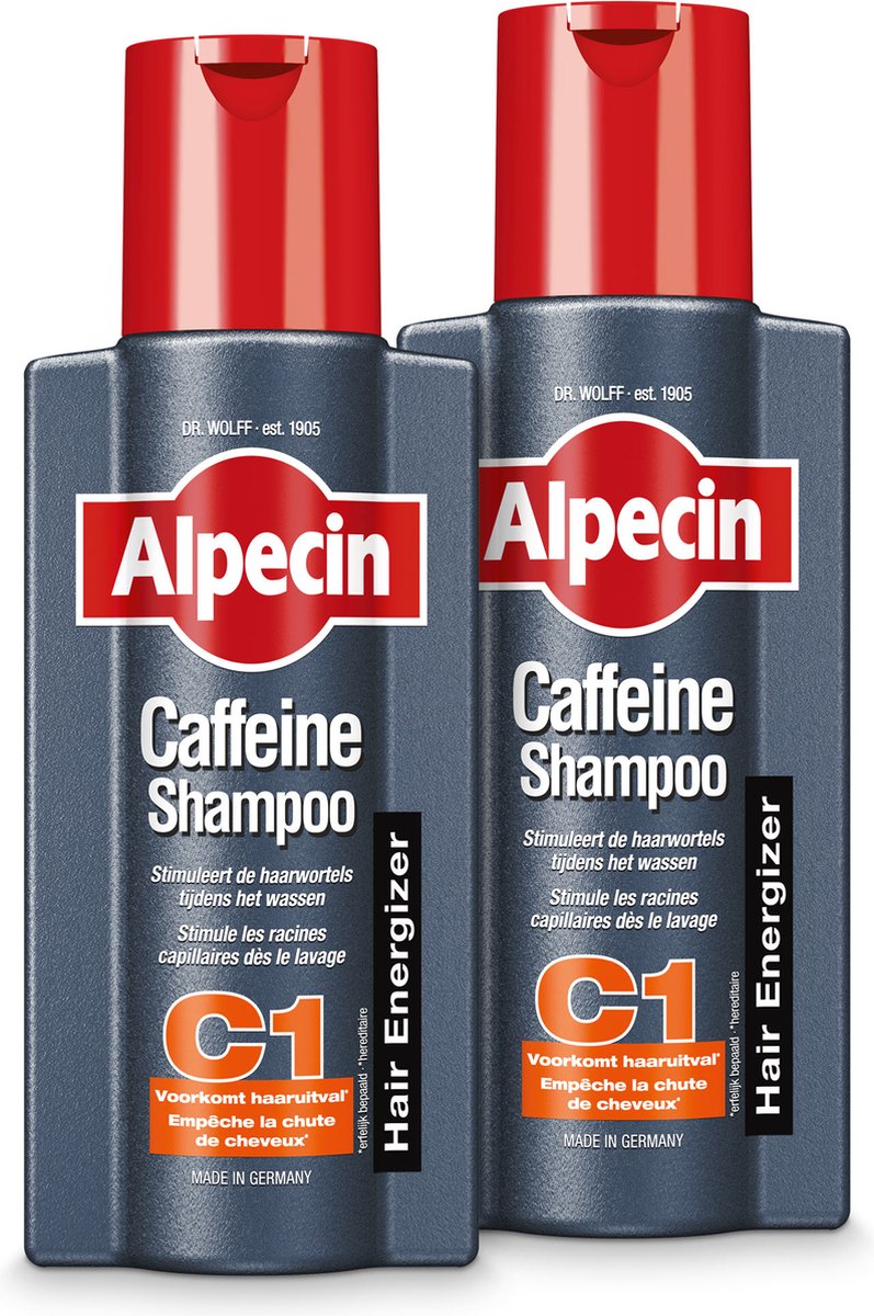 Alpecin Cafeïne Shampoo C1 2x 250ml | Voorkomt en Vermindert Haaruitval | Natuurlijke Haargroei Shampoo voor Mannen - Alpecin
