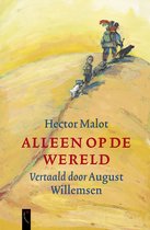 Boekcover met een gouden, golvende achtergrond. Een groepje figuren met rugzakken loopt over een heuvel. Titel: "ALLEEN OP DE WERELD".