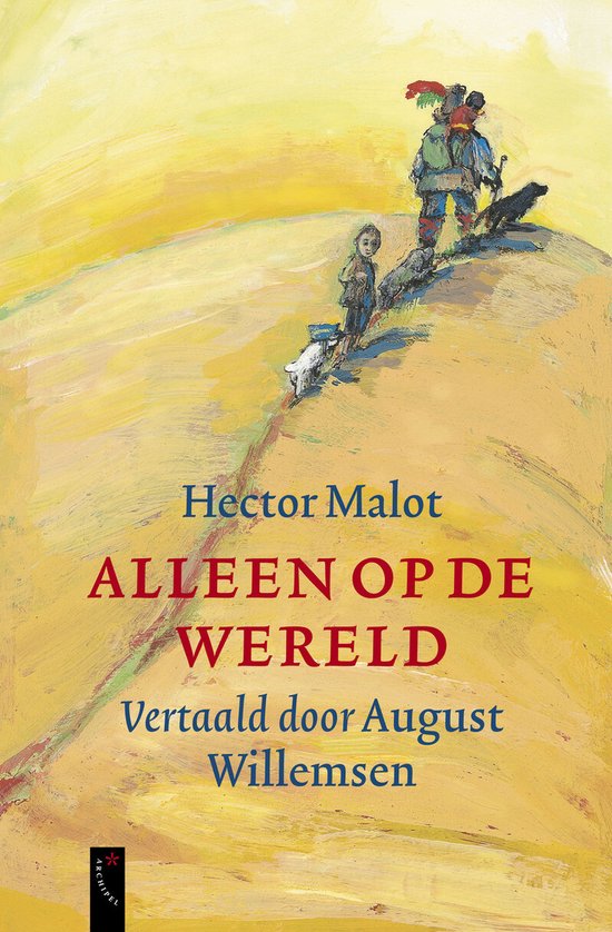 Boekcover met een gouden, golvende achtergrond. Een groepje figuren met rugzakken loopt over een heuvel. Titel: "ALLEEN OP DE WERELD".