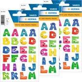 6x Stickervelletjes met 144x stuks gekleurde alfabet plak letters met gezichtjes 28 mm - 6 vellen