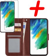 Samsung Galaxy S21 FE Hoesje Bookcase Met Screenprotector - Samsung Galaxy S21 FE Case Hoes Cover - Samsung Galaxy S21 FE Screenprotector - Bruin