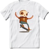 Casual skelet T-Shirt Grappig | Dieren halloween Kleding Kado Heren / Dames | Animal Skateboard Cadeau shirt - Wit - XXL