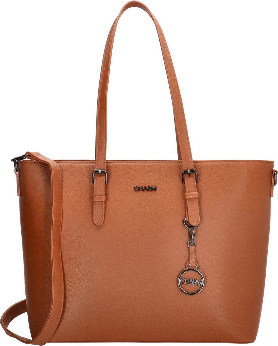 Charm London Birmingham Hand & Schoudertas Shopper 15,6 inch Laptopvak Ideale School Werk Business Tas - Tote Bag - Dames Tas - Cognac