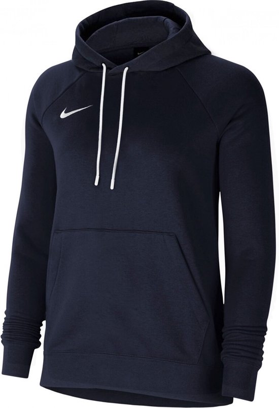 Donkerblauwe Nike hoodie met kangoeroezak, trekkoorden en wit Nike logo.
