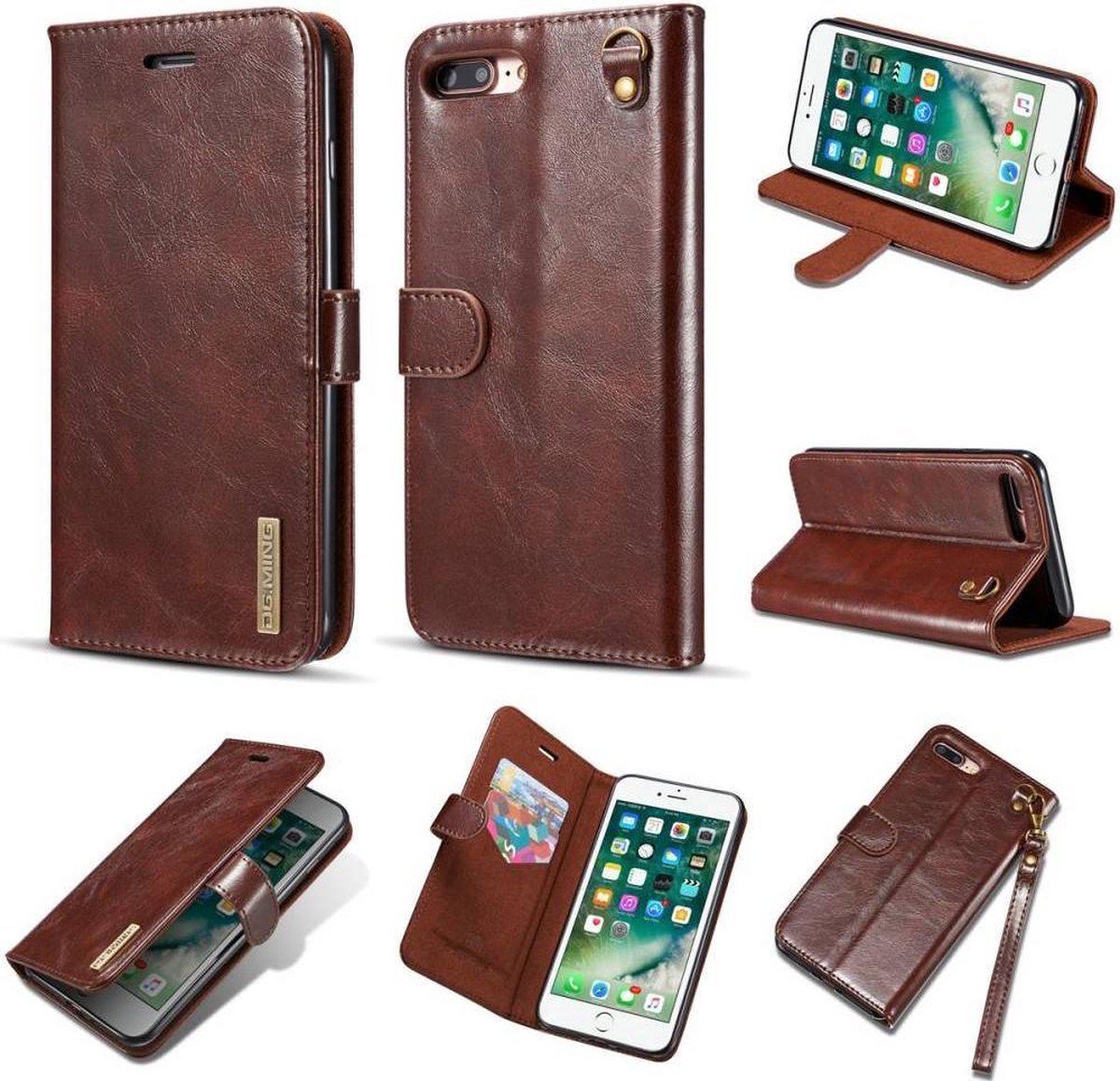 dg ming magnetische leren wallet vewrijderbare backcase iphone 7 8 plus bruin
