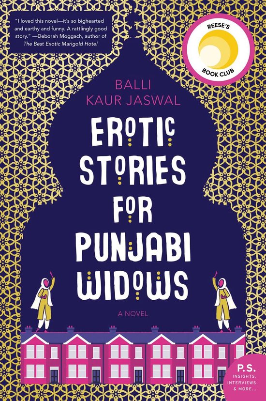 Boekomslag met de titel 'Erotic Stories for Punjabi Widows' van Balli Kaur Jaswal, met een paarse versiering, twee figuren in gele en witte kleding, en roze huizen.