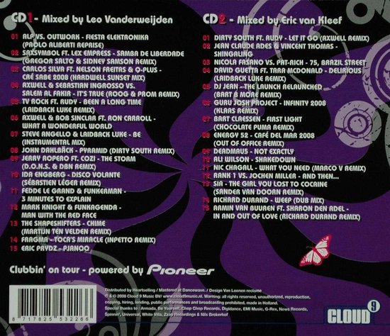 Achterkant van de "Clubbin' on tour" CD-hoes met tracklijsten voor CD1 en CD2.