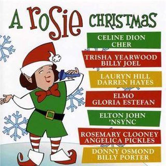 A Rosie Christmas albumhoes met een zingende kerstelf en een lijst van artiesten op gekleurde balken.