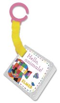 Elmer de olifant in regenboogkleuren met de tekst 'Hello, animals!' en een vlinder en vogeltje.