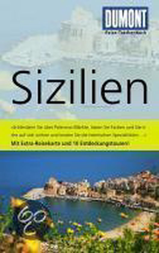Reisgids Sicilië met DUMONT logo en afbeelding van een stad aan zee.