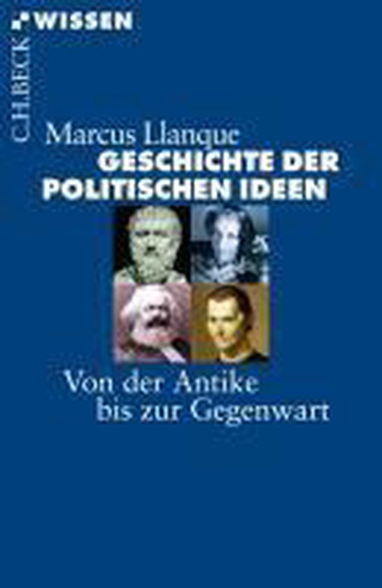 Boek 'Geschichte der politischen Ideen' met portretten van Plato, Machiavelli, Marx en een onbekende man.