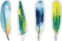 Vier aquarelboekenleggers in de vorm van veren: blauw-geel, groen, blauw, groen-geel.