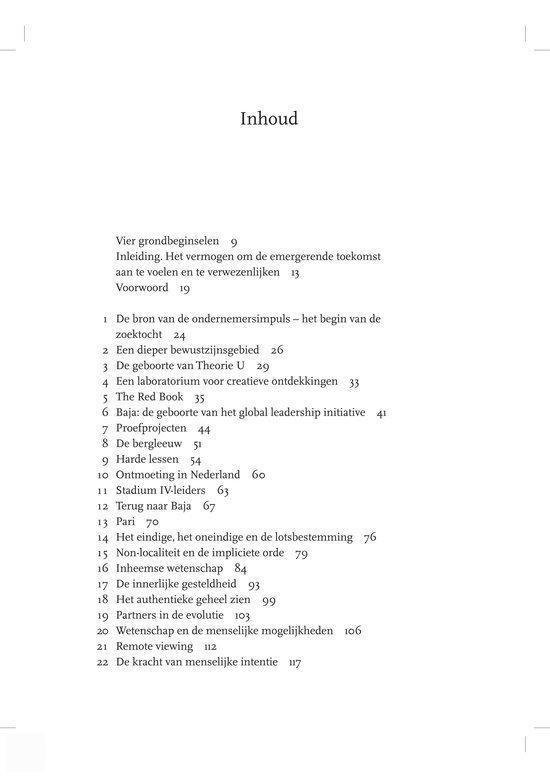 Paginatitel 'Inhoud' en paginanummer 8. Opsomming van hoofdstuktitels met paginanummers, inclusief 'De bron van de ondernemersimpuls' en 'Stadium IV-leiders'.