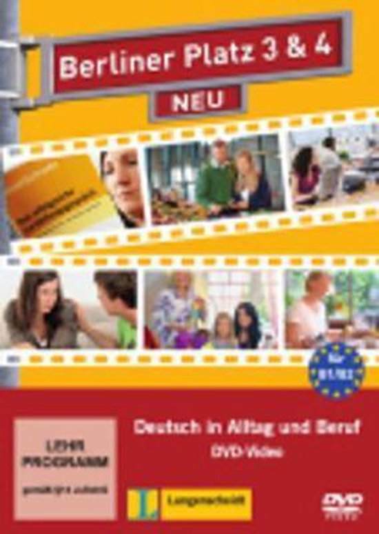 Livre "Berliner Platz 3 & 4 NEU" avec des images de personnes apprenant l'allemand dans des situations quotidiennes et professionnelles.