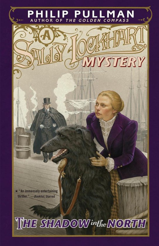 Couverture du livre "The Shadow in the North" avec une femme en veste violette, un chien et un homme au chapeau sur un quai.