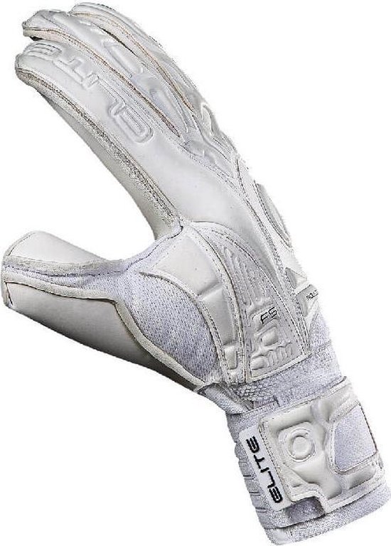 Witte Elite keepershandschoen, half gesloten, met reliëf en klittenbandsluiting.