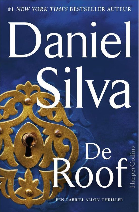 Boek "De Roof" van Daniel Silva. De cover toont een gouden, sierlijk sleutelgat op een donkerblauwe achtergrond.