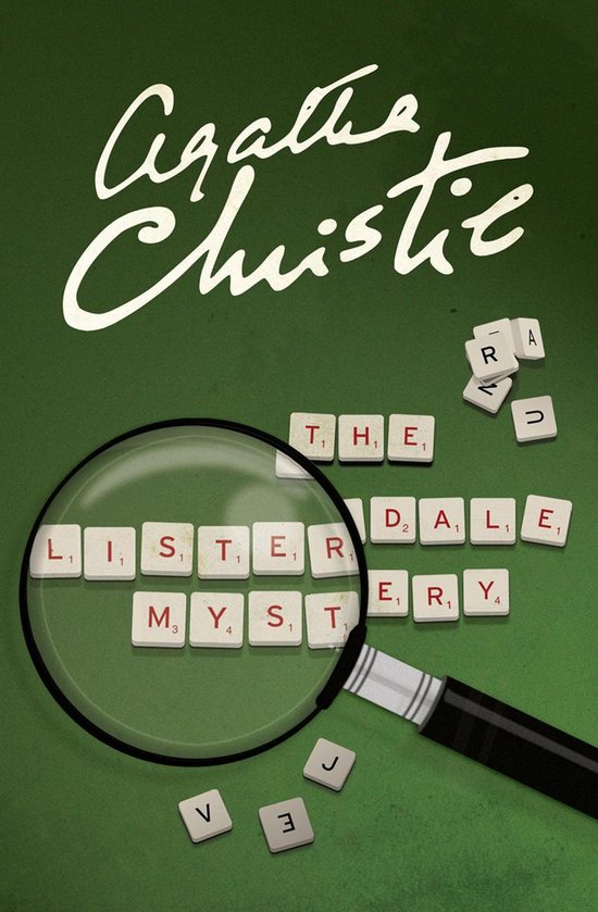 Agatha Christie's The Listerdale Mystery, met scrabble letters en vergrootglas op groene achtergrond.