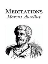 Titelpagina van Meditations door Marcus Aurelius, met een zwart-wit illustratie van Aurelius.