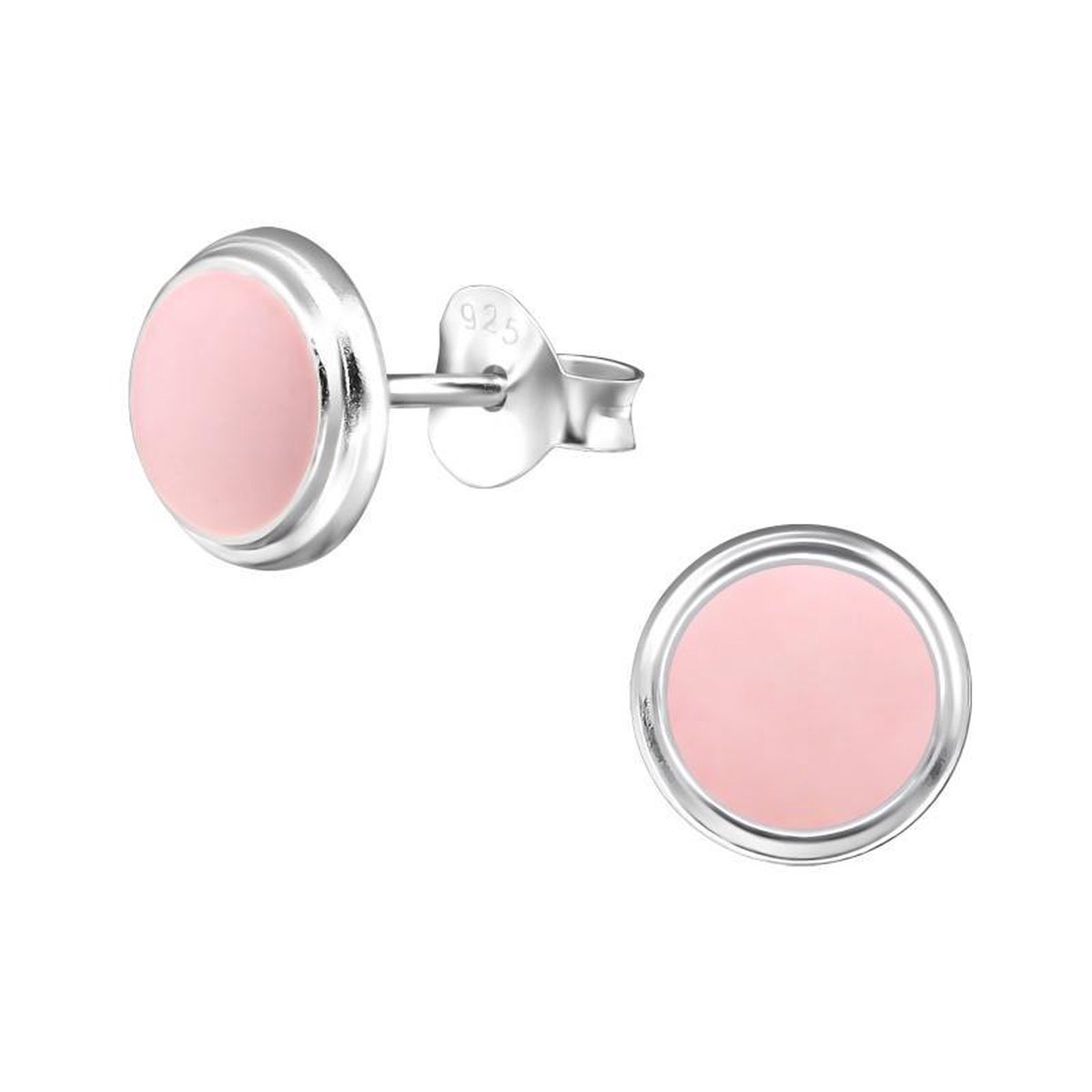 Kinderoorbellen zilver rond licht-roze met zilveren rand