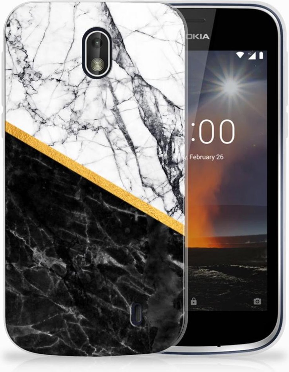 Nokia 1 TPU Siliconen Hoesje Marmer Wit Zwart - Origineel Cadeau Man