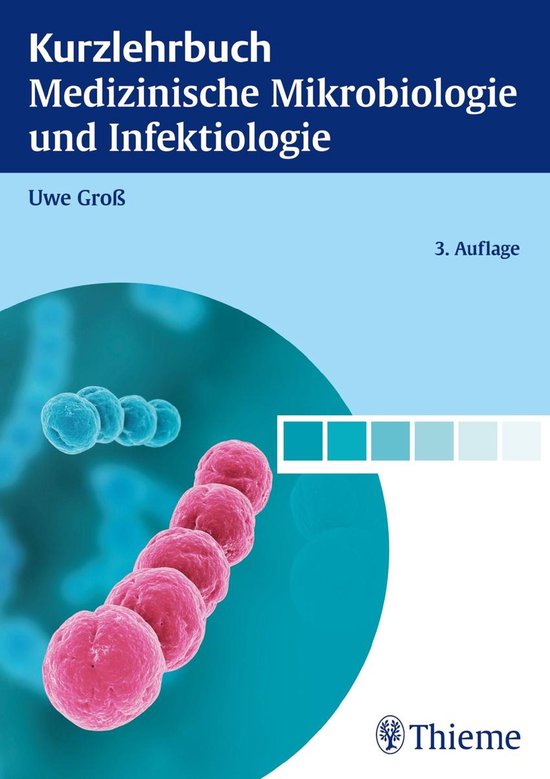 Leerboek Medische Microbiologie en Infectiologie door Uwe Groß, 3e editie met roze en blauwe micro-organismen op de kaft.