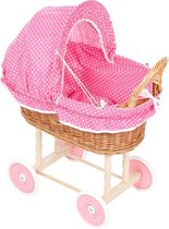 Rieten Poppenwagen - Stoffen Kap - Roze wielen - Fuchsia bekleding met kleine stipjes