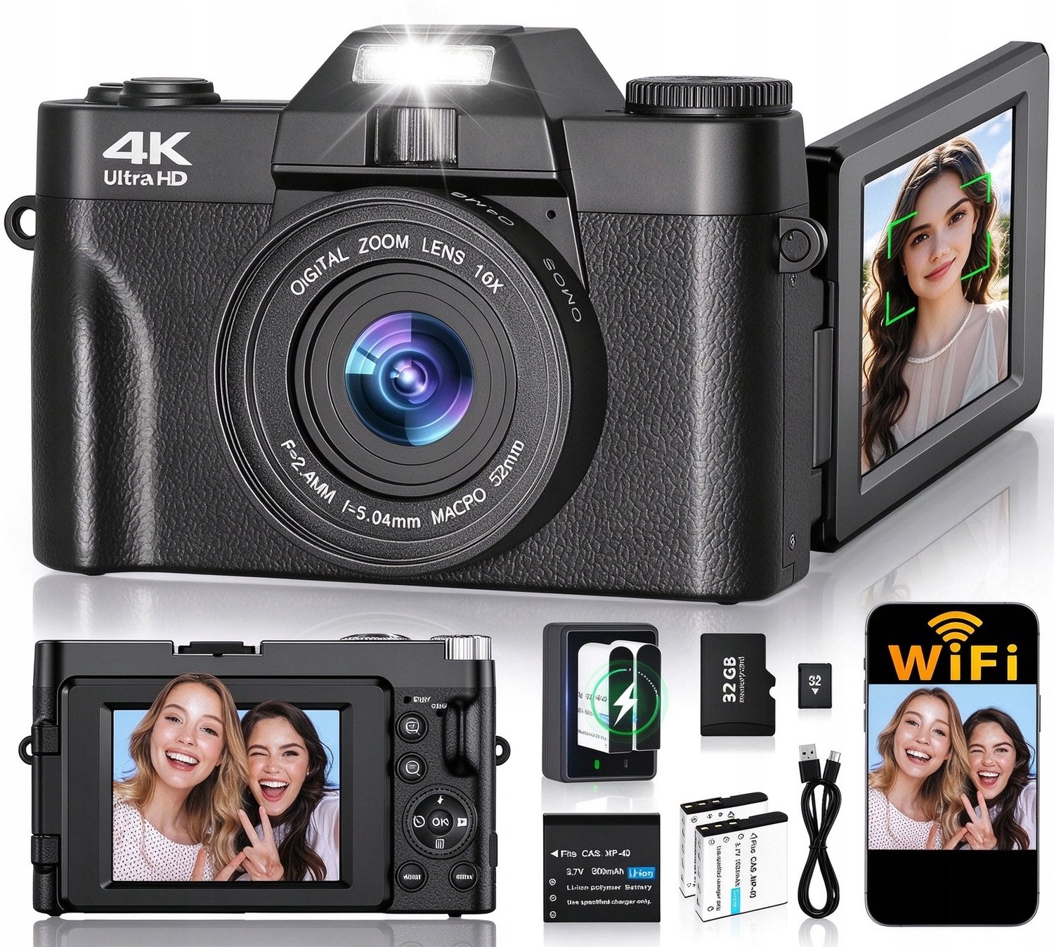 4K Vlog Camera Zwart – 76MP, 16x Digitale Zoom, 3" 180° Kantelbaar Scherm – Incl. 32GB SD-kaart & 2 Batterijen – Compacte Camera voor Reizen, YouTube, TikTok & Vloggen