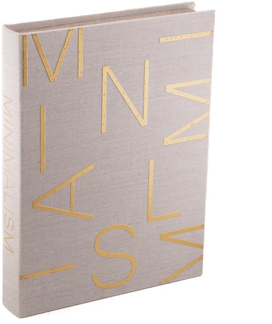 Beige opbergboek 'Minimalism' in rechtopstaande positie met gouden letters en een linnen textuur op de kaft.