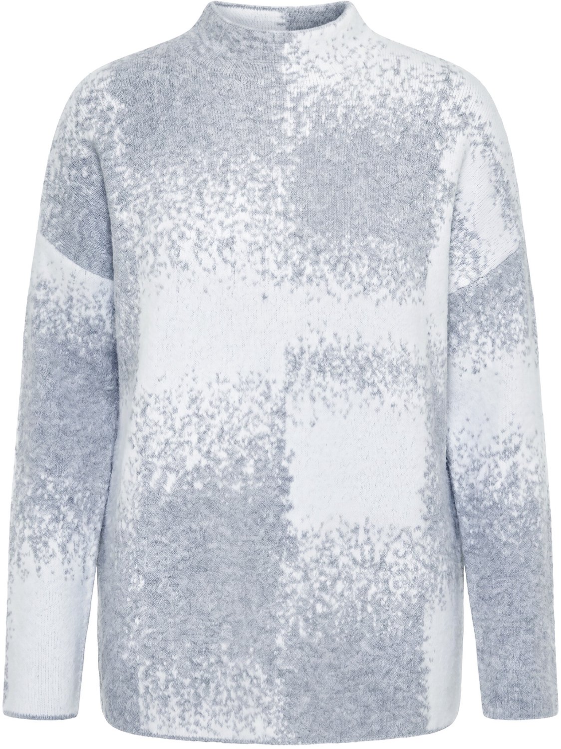 Ulla Popken - Dames - Pullover ruitpatroon opstaande kraag lange mouwen - Lichtgrijs melange - Maat 42+
